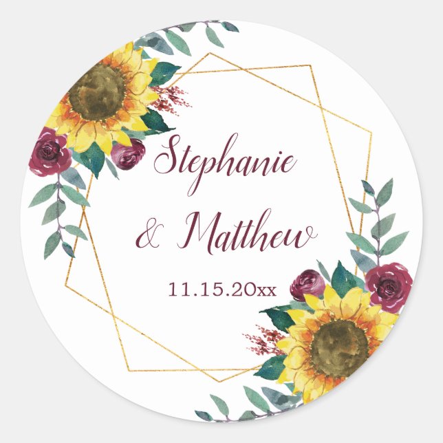 Sunflowers Burgundy Floral Geometric Wedding Classic Round Sticker (Front)