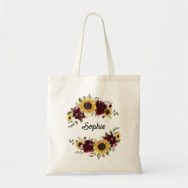 Sunflowers Burgundy Floral Greenery Personalized Tote Bag (Front)