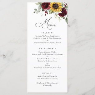 Sunflowers Burgundy Floral Greenery Wedding Menu