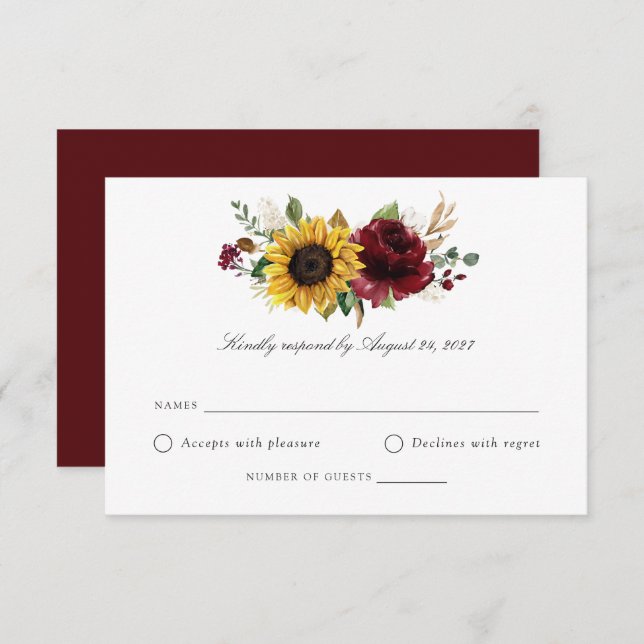 Sunflowers Burgundy Greenery Wedding RSVP Card (Front/Back)