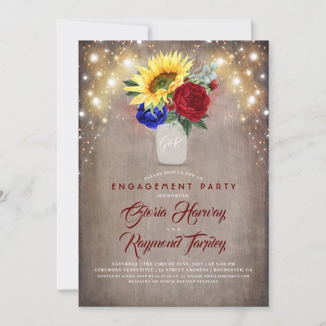 Sunflowers - Burgundy Navy Blue Engagement Party Invitation (Front)