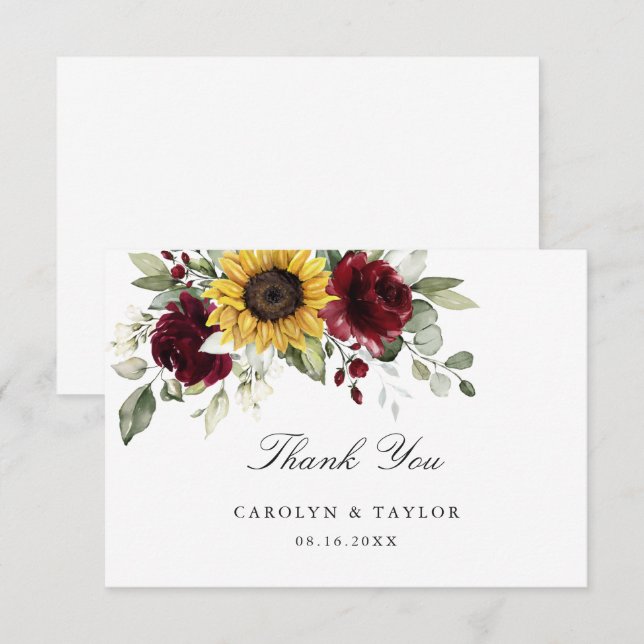 Sunflowers Burgundy Red Floral Rustic Wedding Thank You Card (Front/Back)