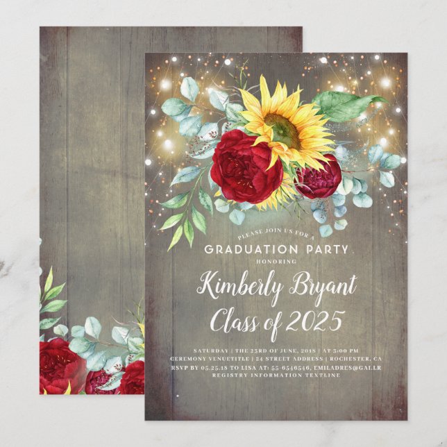 Sunflowers Burgundy Red Rustic Fall Graduation Invitation (Front/Back)
