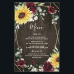 Sunflowers Burgundy Rose Rustic Wedding Menu Cards<br><div class="desc">Design features a printed barn wood grain background with a geometric gold coloured frame that's decorated with burgundy red roses,  blush floral elements,  sunflowers,  eucalyptus and other greenery.</div>