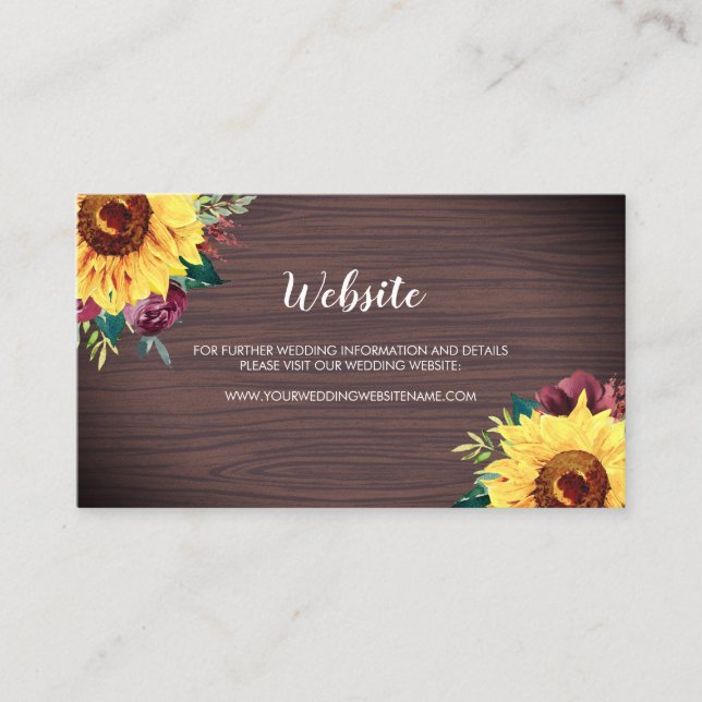 Sunflowers Burgundy Rose Wood Wedding Website Card (Front)