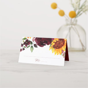 Sunflowers & Burgundy Roses Fall Wedding Place Card
