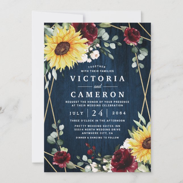 Sunflowers Burgundy Roses Navy Geometric Wedding Invitation (Front)