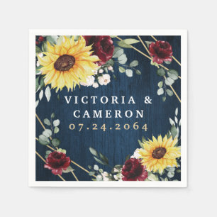 Sunflowers Burgundy Roses Navy Geometric Wedding Napkin