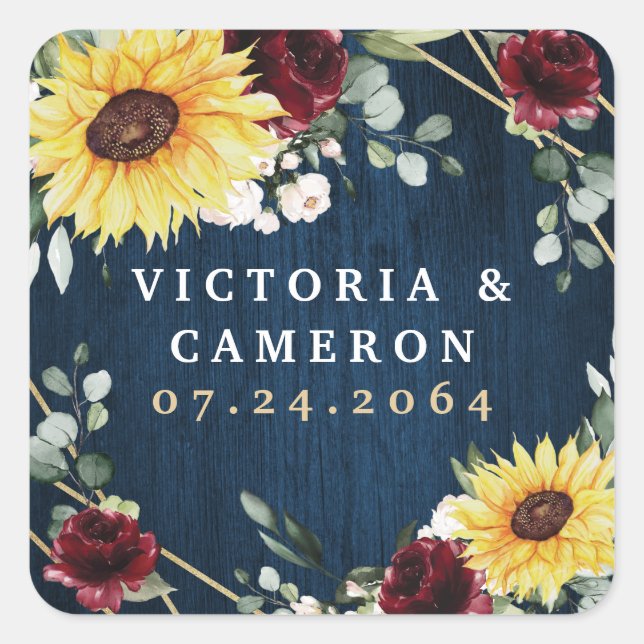 Sunflowers Burgundy Roses Navy Geometric Wedding Square Sticker (Front)