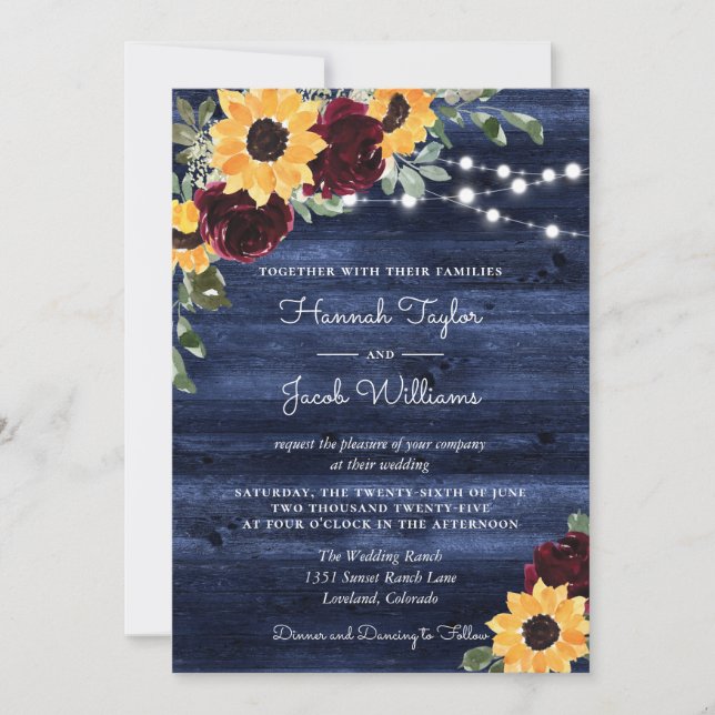 Sunflowers Burgundy Roses Navy Wood Wedding  Invitation (Front)