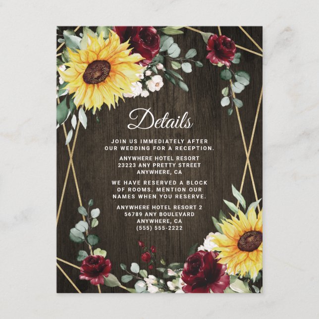 Sunflowers Burgundy Roses Rustic Geometric Wedding Enclosure Card (Front)