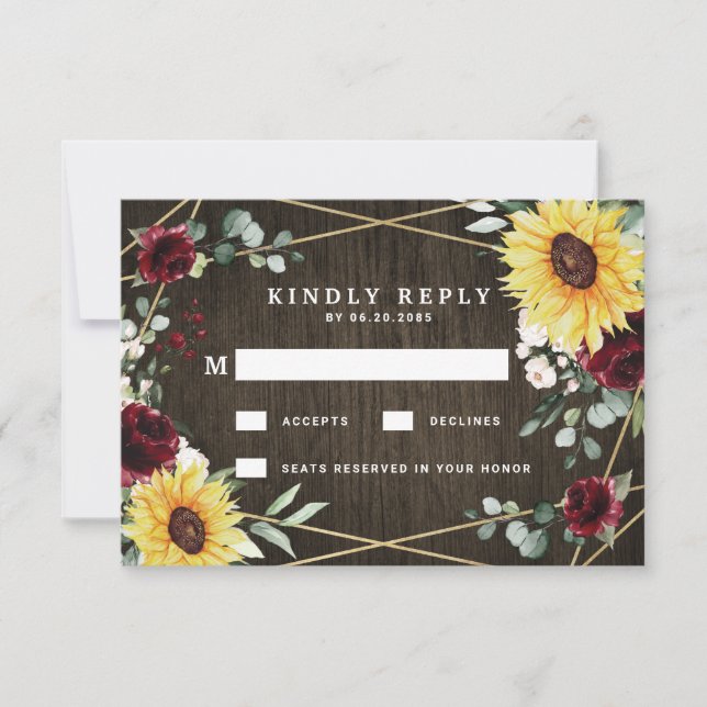 Sunflowers Burgundy Roses Rustic Geometric Wedding RSVP Card (Front)