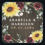 Sunflowers Burgundy Roses Rustic Geometric Wedding Square Sticker<br><div class="desc">Design features a printed barn wood grain background with a geometric gold coloured frame that's decorated with burgundy red roses,  blush floral elements,  sunflowers,  eucalyptus and other greenery.</div>