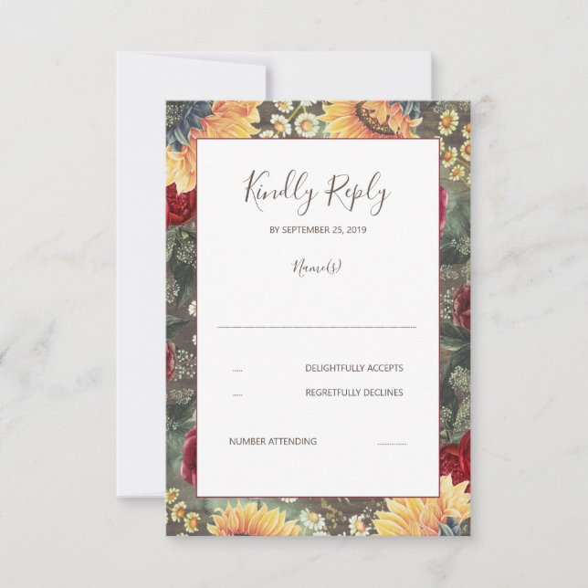 Sunflowers Burgundy Rustic Fall Wedding RSVP Card (Front)
