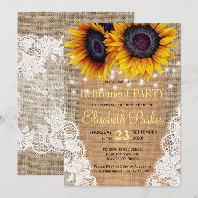 Sunflowers burlap and lace autumn retirement party invitation (Front/Back)