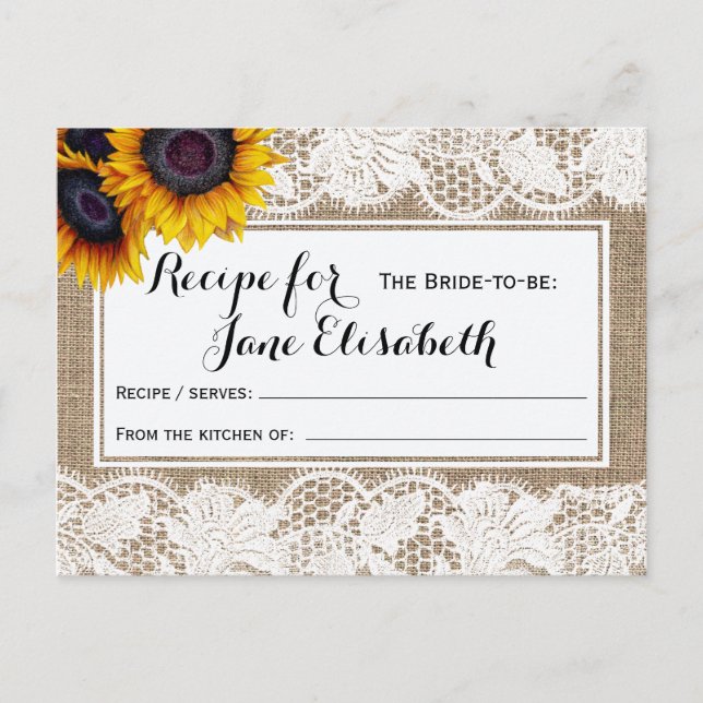 Sunflowers burlap and lace bride to be recipe card (Front)