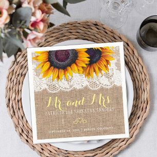 Sunflowers burlap lace mr and mrs rustic wedding napkin