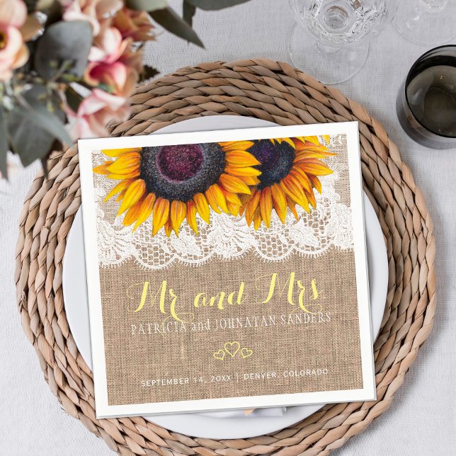 Sunflowers burlap lace mr and mrs rustic wedding napkin (Creator Uploaded)