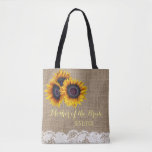 Sunflowers burlap lace wedding mother of the bride tote bag<br><div class="desc">Rustic elegant summer or autumn fall wedding stylish mother of the bride / mother of the groom / bridesmaid / maid of honour / flower girl tote bag on beige faux burlap featuring beautiful yellow gold sunflowers bouquets and white lace borders on both faces. Easy to personalize with bridesmaid's name...</div>