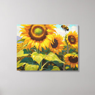 Sunflowers Busy Bee Summer Day Painting Canvas Print