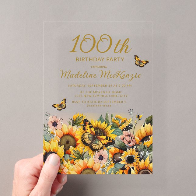 Sunflowers Butterflies 100th Birthday Party Acrylic Invitations (Insitu (Handheld))