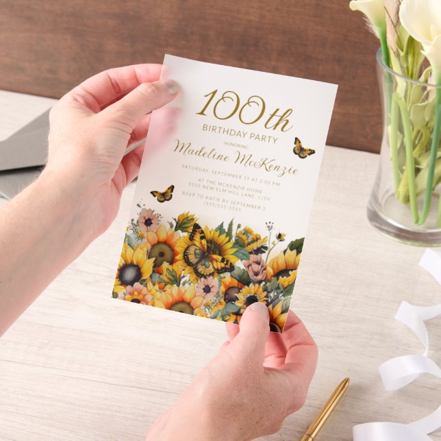 Sunflowers Butterflies 100th Birthday Party  Vellum Invitations (Handheld)