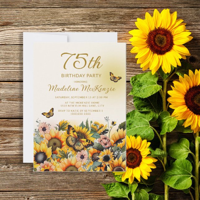 Sunflowers Butterflies 75th Birthday Party Invitation (Creator Uploaded)