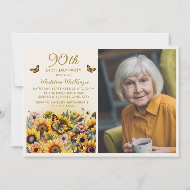 Sunflowers Butterflies 90th Birthday Party Photo Invitation (Front)