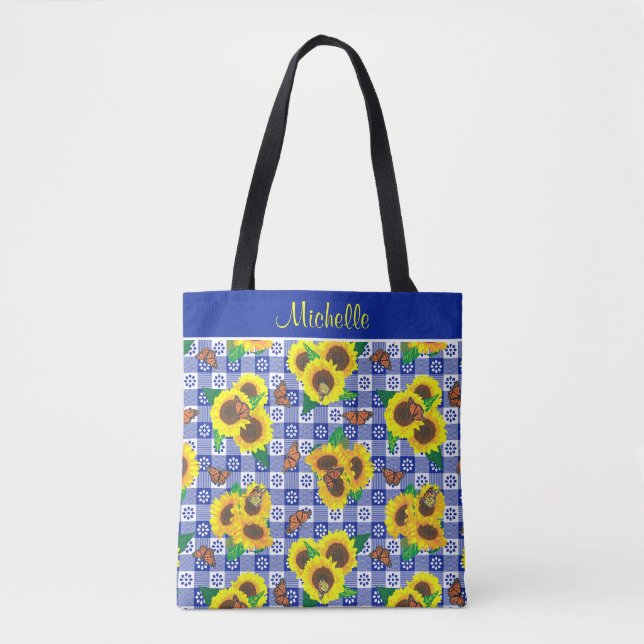 Sunflowers Butterflies Blue Gingham Tote Bag (Front)