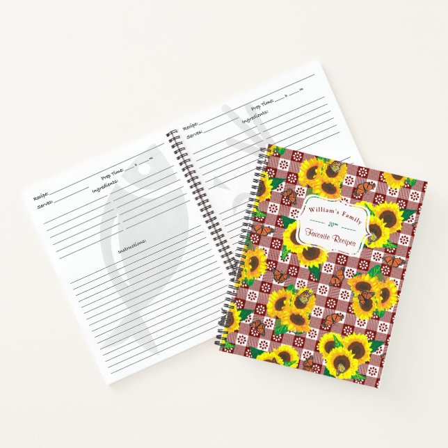 Sunflowers Butterflies Red Gingham Recipe Notebook (Inside)