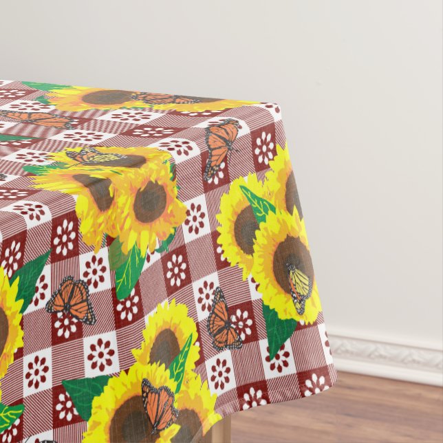 Sunflowers Butterflies Red Gingham Tablecloth (In Situ)