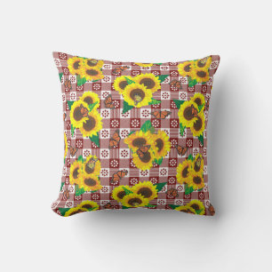 Sunflowers Butterflies Red Gingham Throw Pillow