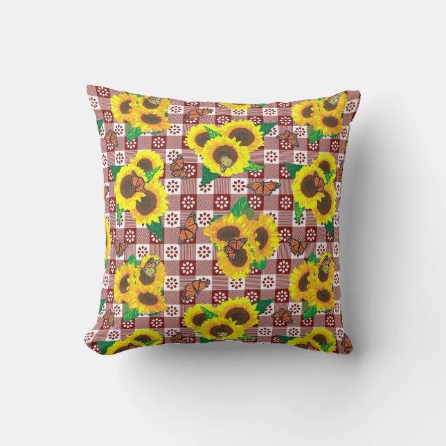 Sunflowers Butterflies Red Gingham Throw Pillow (Front)