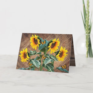 Sunflowers Butterflies Rustic Barn Board Holiday Card