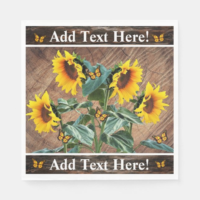Sunflowers Butterflies Rustic Barn Board Napkin (Front)