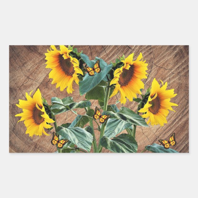 Sunflowers Butterflies Rustic Barn Board Sticker (Front)