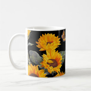 Sunflowers & Butterflies: Watercolor Black Backgro Coffee Mug