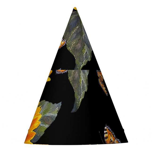 Sunflowers & Butterflies: Watercolor Black Backgro Party Hat (Front)