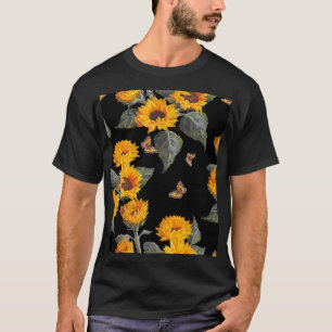 Sunflowers & Butterflies: Watercolor Black Backgro T-Shirt
