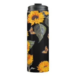 Sunflowers & Butterflies: Watercolor Black Backgro Thermal Tumbler
