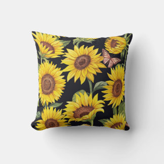 Sunflowers, butterflies, watercolor black backgrou throw pillow