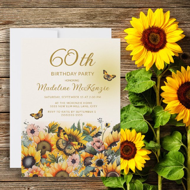 Sunflowers Butterflies Women's 60th Birthday Party Invitation (Creator Uploaded)