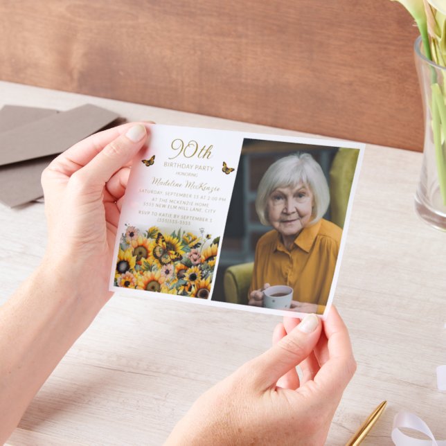 Sunflowers Butterflies Women's 90th Birthday Vellum Invitations (Handheld)