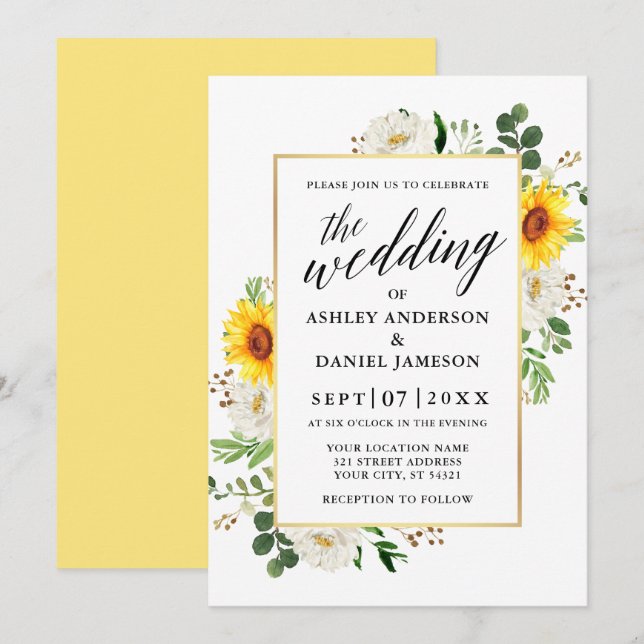 Sunflowers Calligraphy White Floral Wedding Invitation (Front/Back)