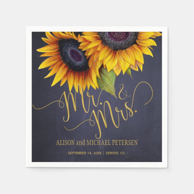 Sunflowers chalkboard mr and mrs script wedding napkin (Front)