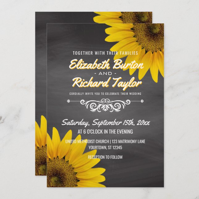 Sunflowers Chalkboard Rustic Country Wedding Invitation (Front/Back)