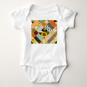 Sunflowers Chamomile, Patchwork Watercolor. Baby Bodysuit