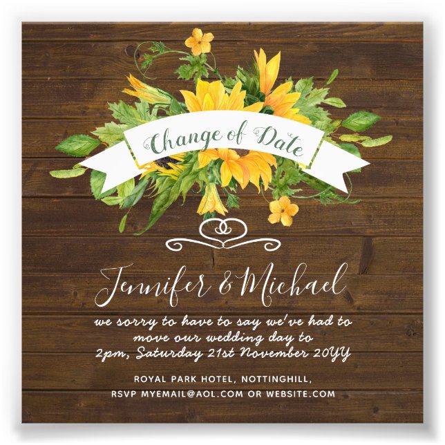 Sunflowers Change of Date Postponement Plans Note Photo Print (Front)