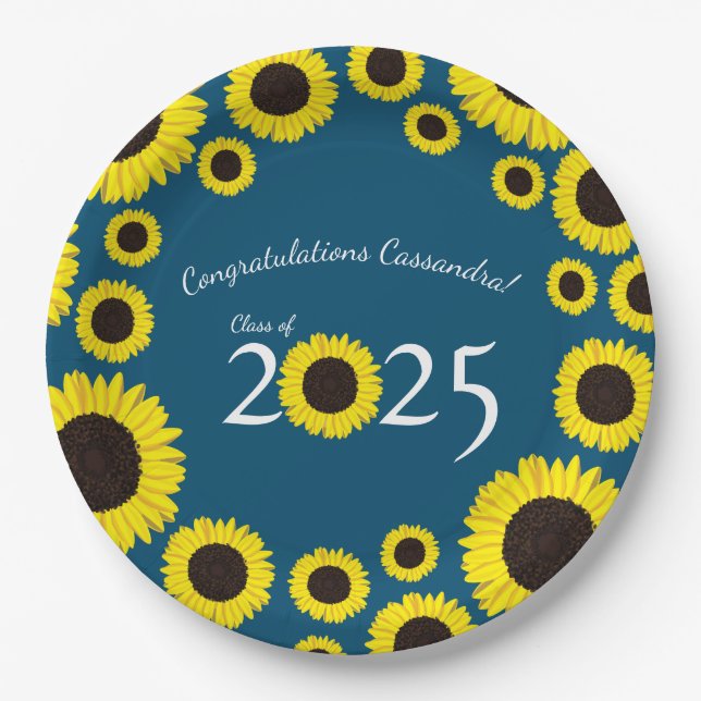Sunflowers Country Graduation Party Blue Paper Plate (Front)