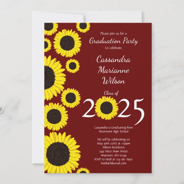 Sunflowers Country Graduation Party Maroon Invitation (Front)